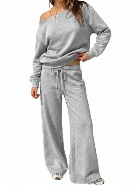 Women's Off-Shoulder Sweatshirt & Wide Leg Pants Set