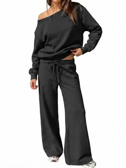 Women's Off-Shoulder Sweatshirt & Wide Leg Pants Set