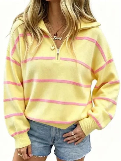 Women's Casual Oversized Zip‑Front Striped Top