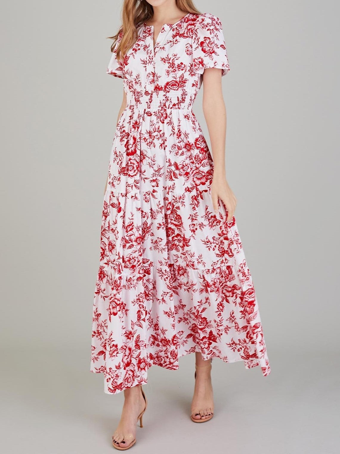 Women's Boho Floral Smocked Waist Maxi Dress