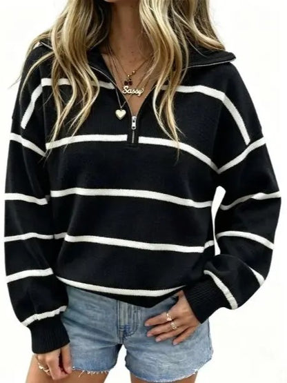 Women's Casual Oversized Zip‑Front Striped Top