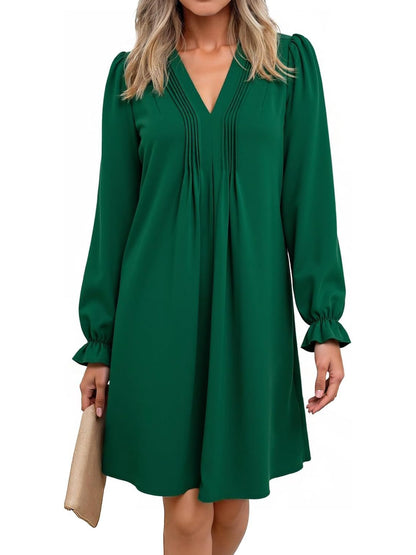 Women's V Neck Long Sleeve Ruffle Classic Dress