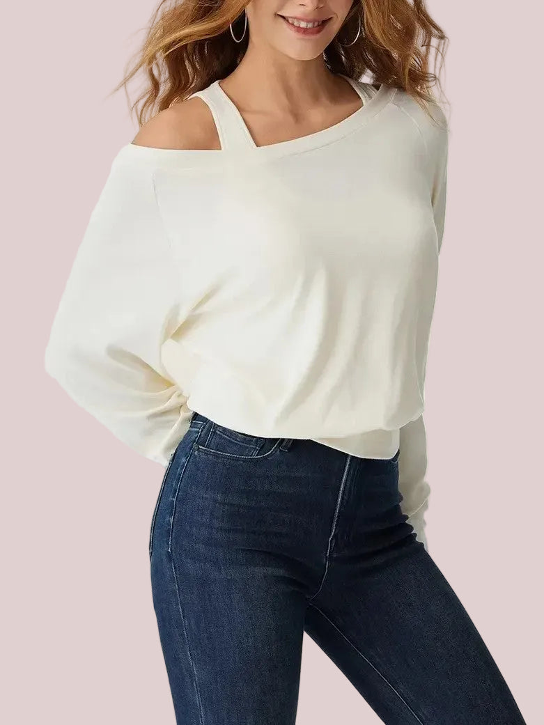 Women's Halter Off-Shoulder Built-in Bra Fake Two-Piece Long Sleeve Top