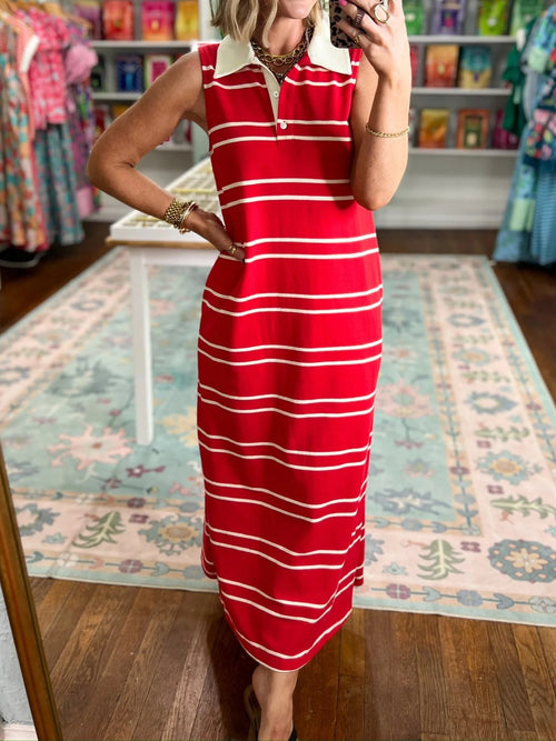 Women's Polo Collar Sleeveless Striped Long Dress