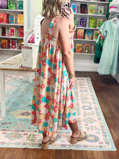 Women's Square Neck Floral Midi Dress