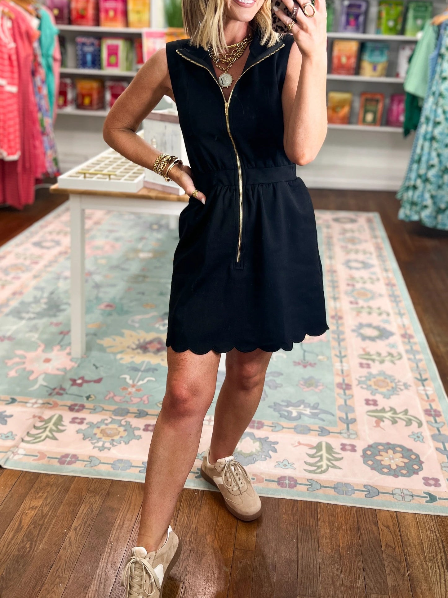 Women's Scallop Hem Zip-Front Sleeveless Dress