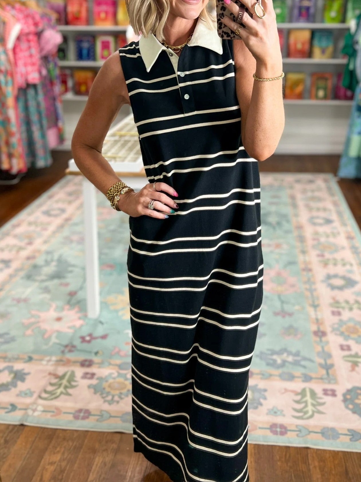 Women's Polo Collar Sleeveless Striped Long Dress