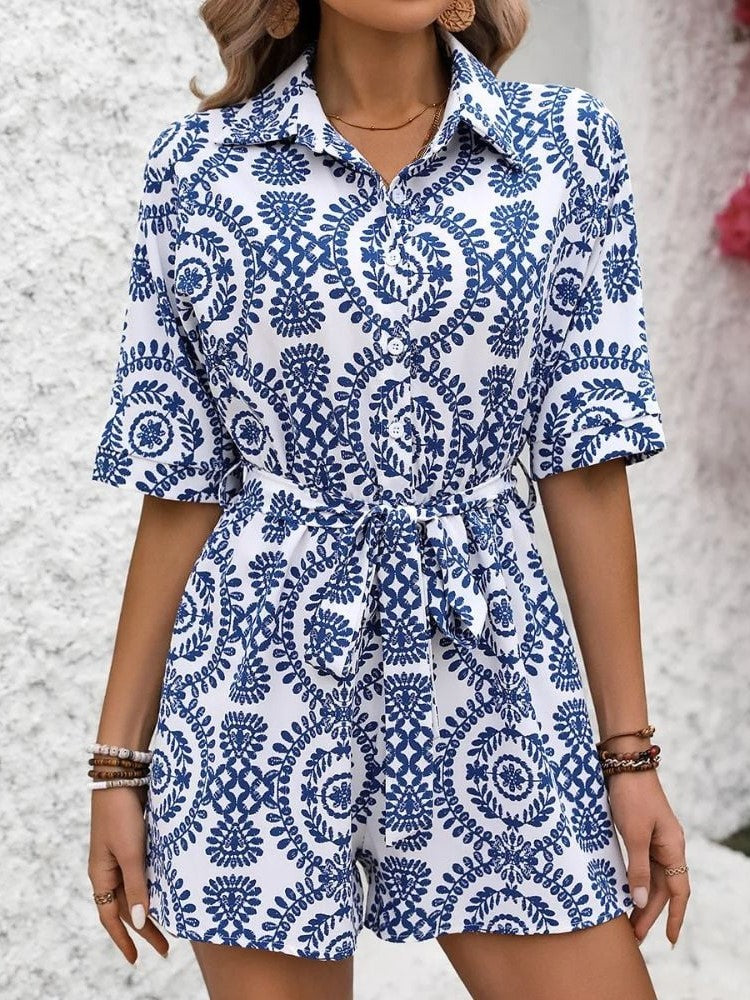 Women's Bohemian Printed Tie Waist Romper