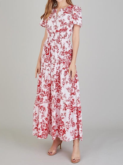 Women's Boho Floral Smocked Waist Maxi Dress