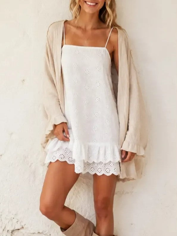 Women's Eyelet Spaghetti Strap Ruffle Romper