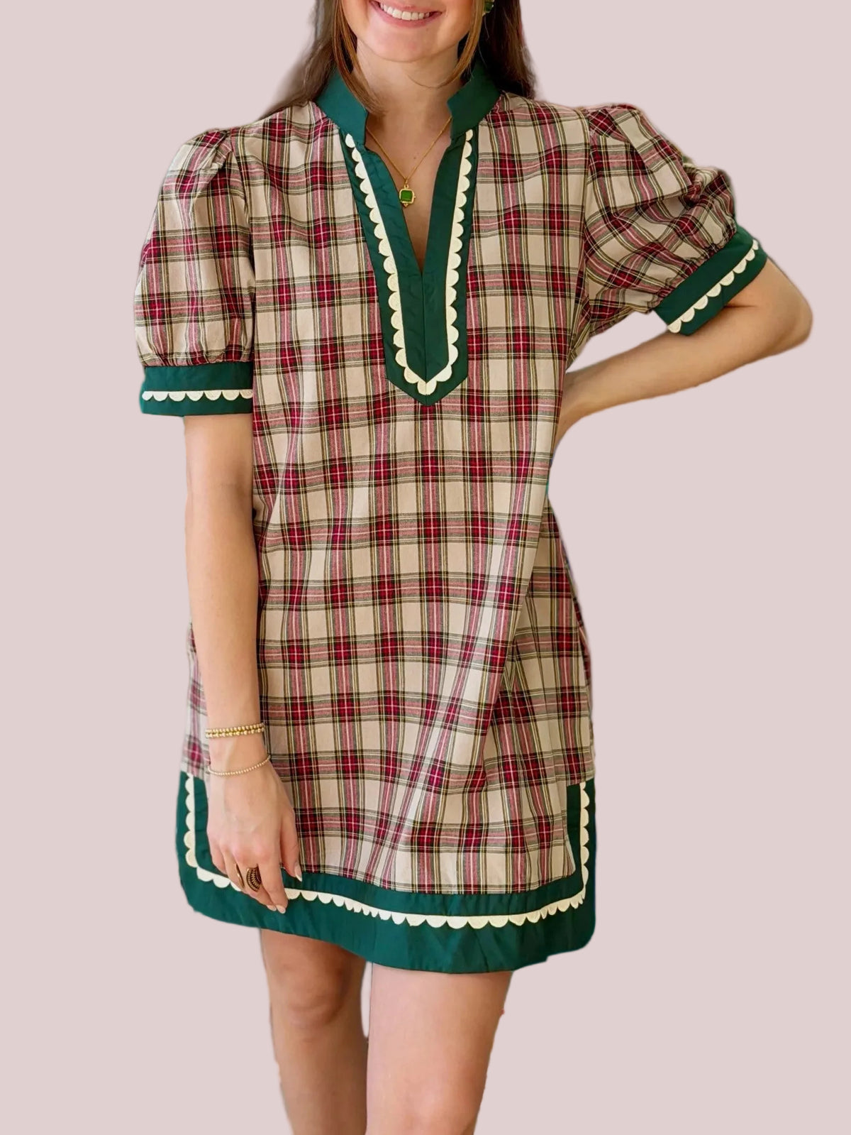 Women's Holiday Plaid Scallop Detail Short Dress