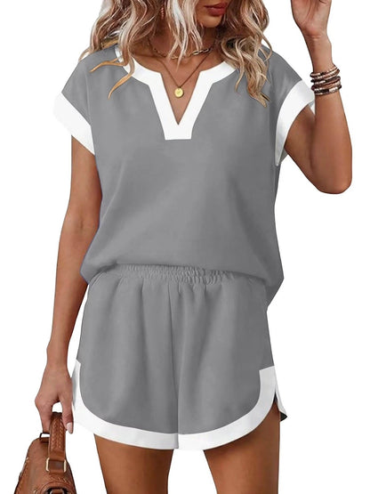 Women's Contrast V Neck Matching Short Set