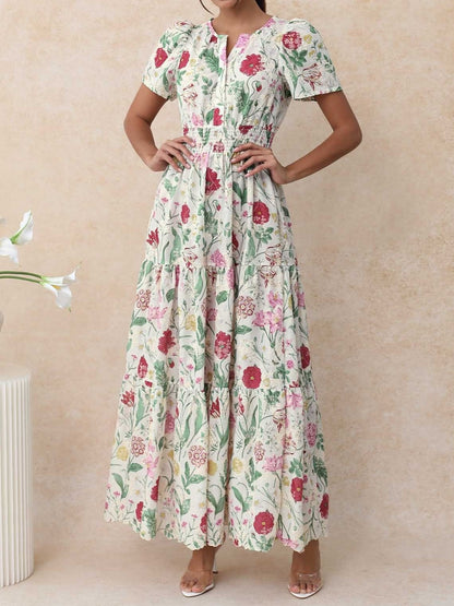 Women's Boho Floral Smocked Waist Maxi Dress