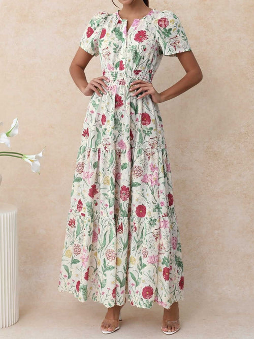 Women's Boho Floral Smocked Waist Maxi Dress