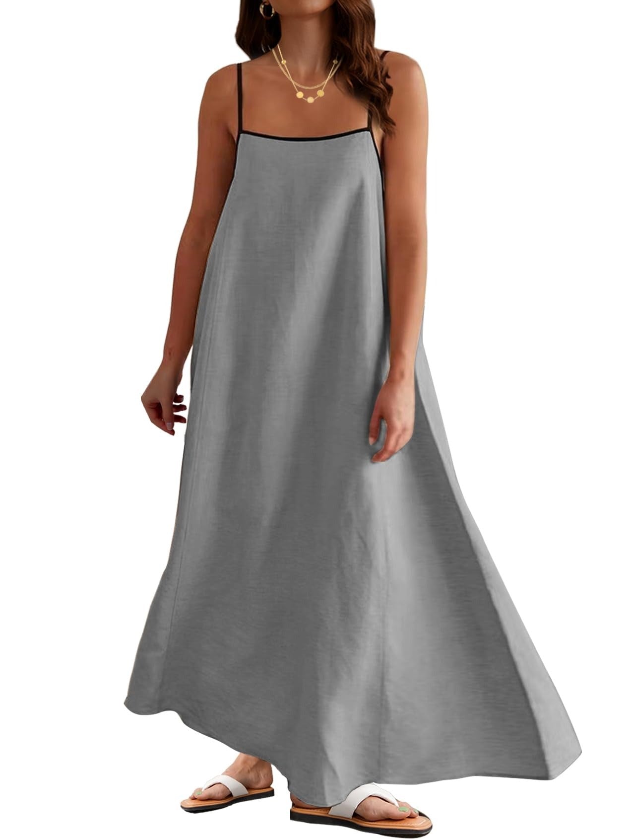 Women's Color Block Spaghetti Strap Maxi Dress with Pockets