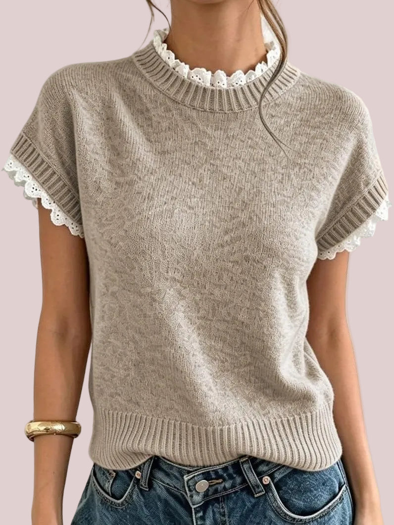 Women's Short Sleeve Lace Trim Mock Neck Knit Top