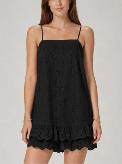 Women's Eyelet Spaghetti Strap Ruffle Romper