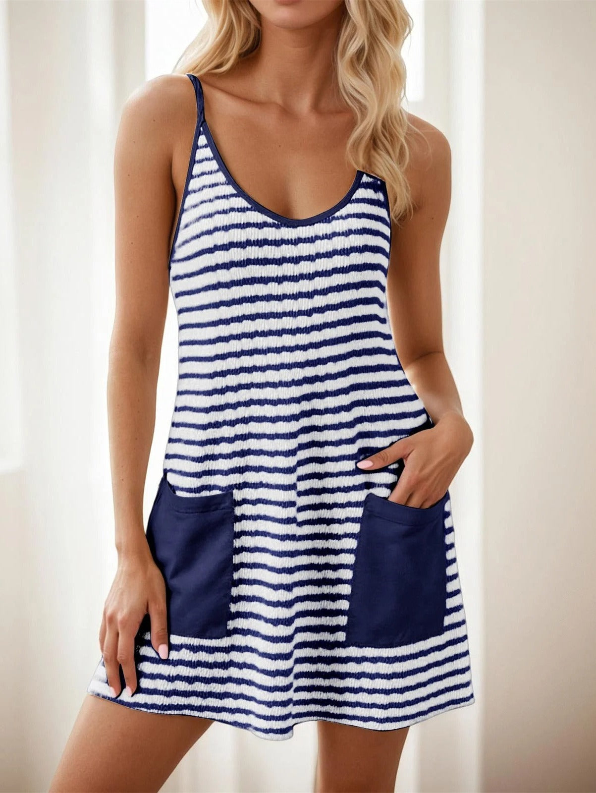 Women's Striped Spaghetti Strap Dress With Attached Shorts