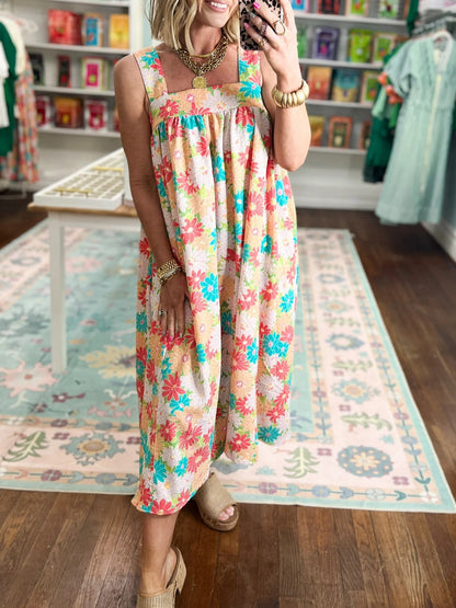 Women's Square Neck Floral Midi Dress