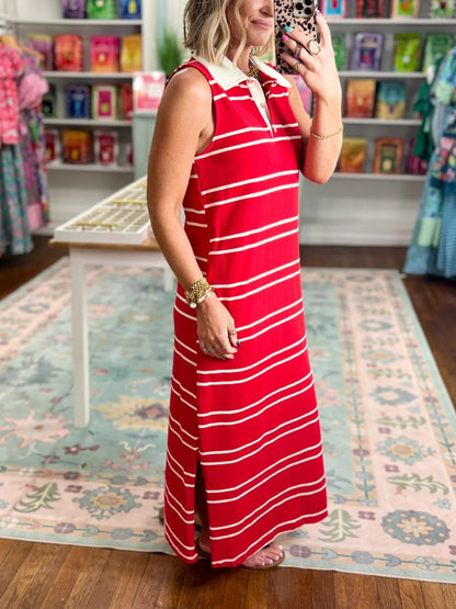 Women's Polo Collar Sleeveless Striped Long Dress