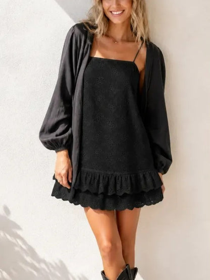 Women's Eyelet Spaghetti Strap Ruffle Romper