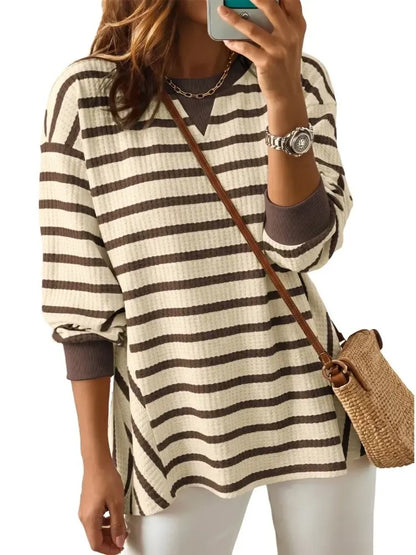 Women's Waffle Knit Striped Notch Neck Long Sleeve Top