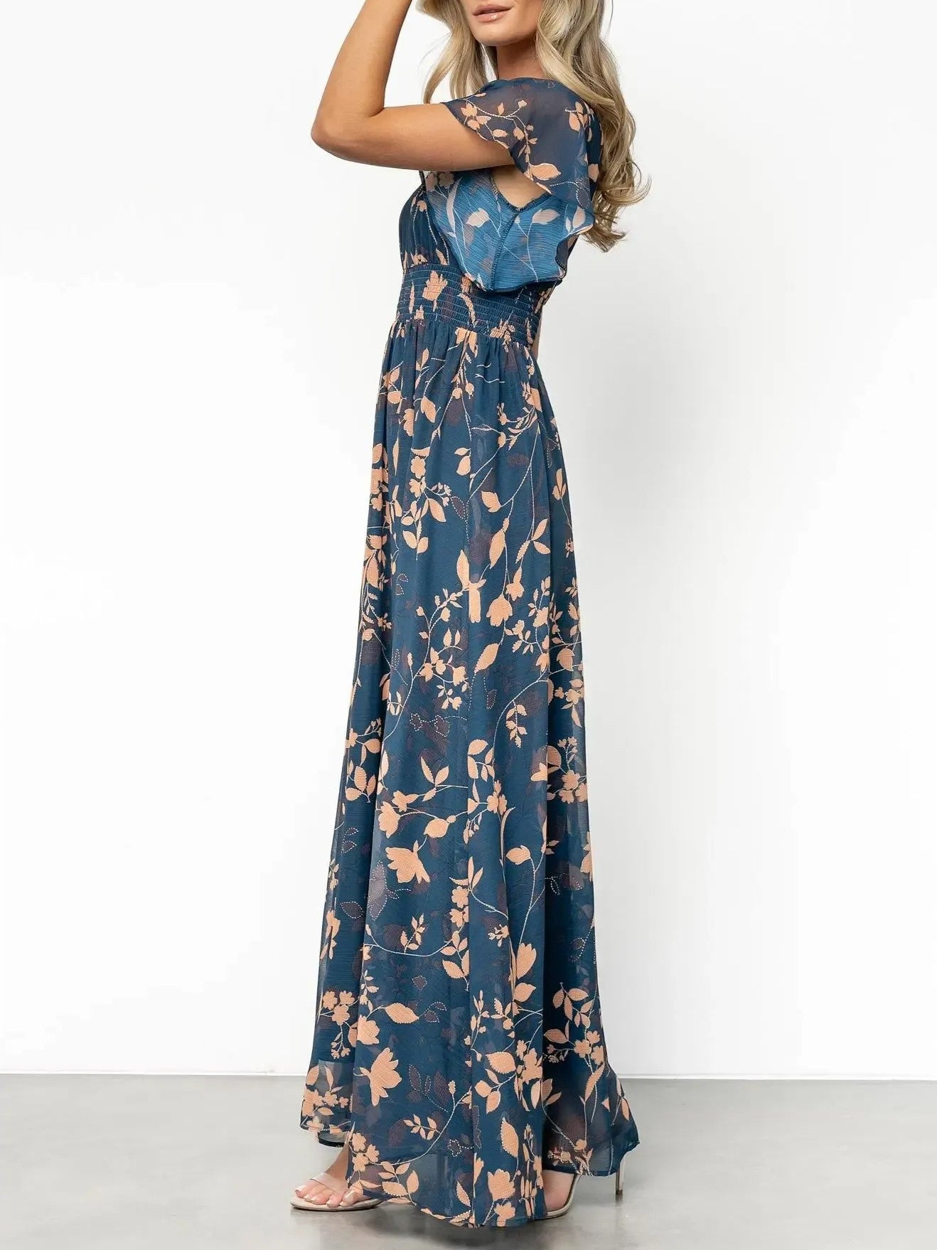 Women's Flowy V-Neck Print Dress with Elastic Waist