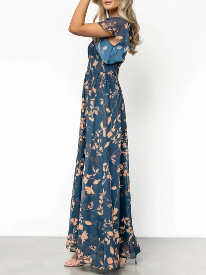 Women's Flowy V-Neck Print Dress with Elastic Waist