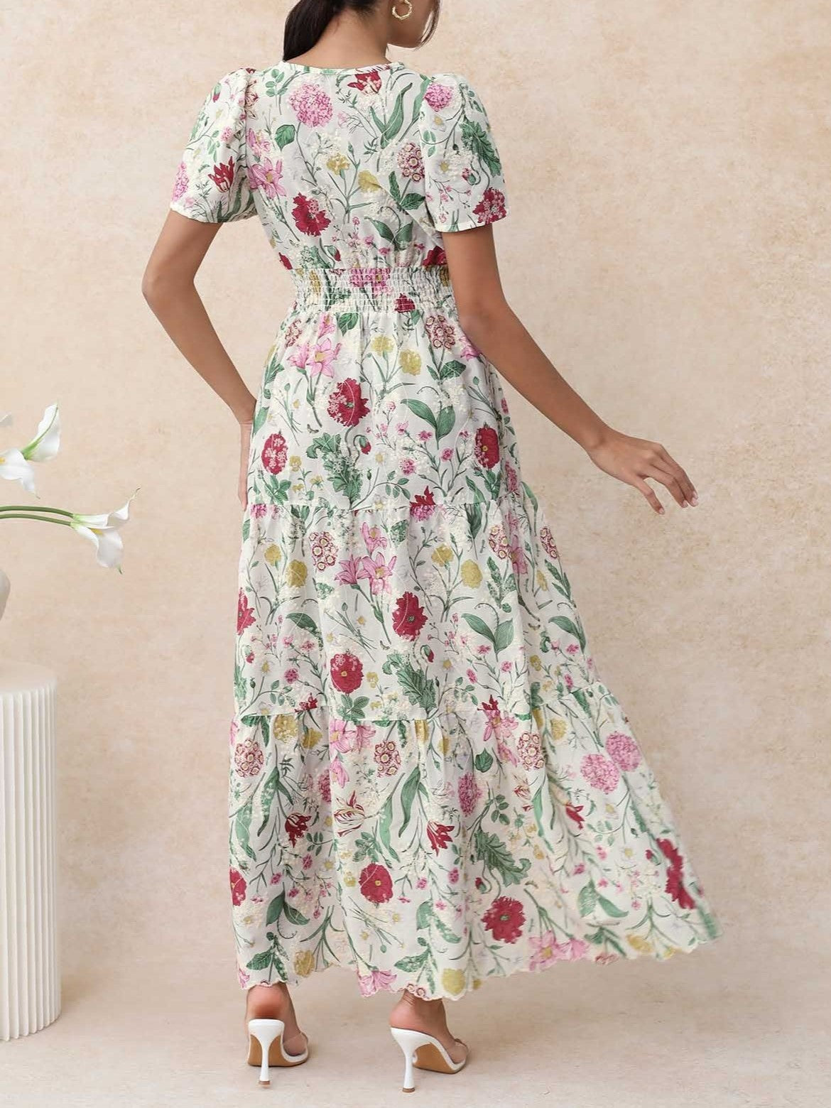 Women's Boho Floral Smocked Waist Maxi Dress