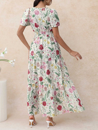 Women's Boho Floral Smocked Waist Maxi Dress