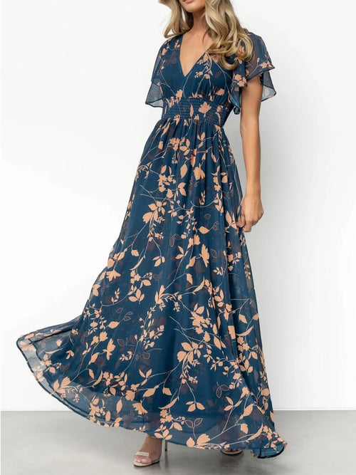 Women's Flowy V-Neck Print Dress with Elastic Waist