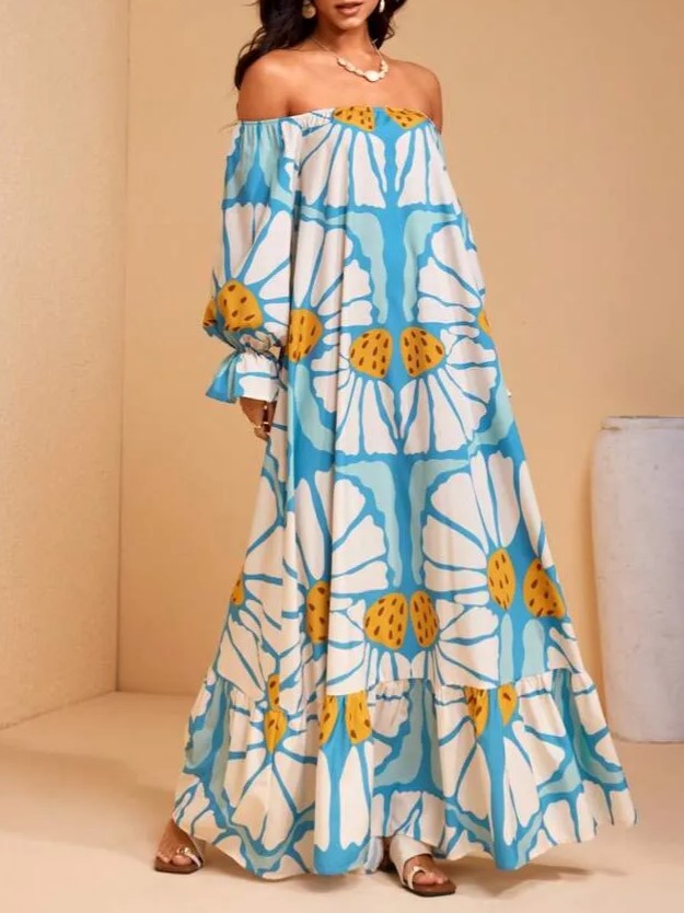 Women's Boho Off Shoulder Floral Maxi Dress