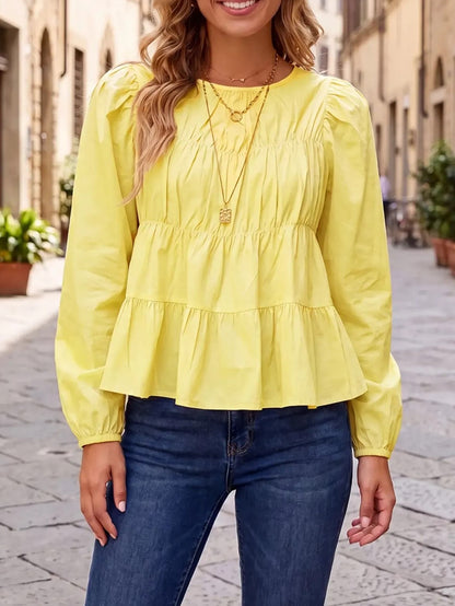 Women's Puff Long Sleeve Pleated Peplum Babydoll Blouse