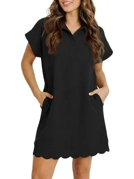 Women's Scallop Hem Polo Mini Dress With Pockets