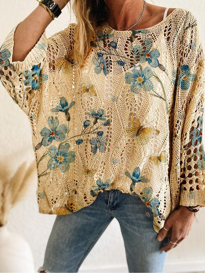 Women's Batwing Sleeve Print Hollow-Out Knit Top