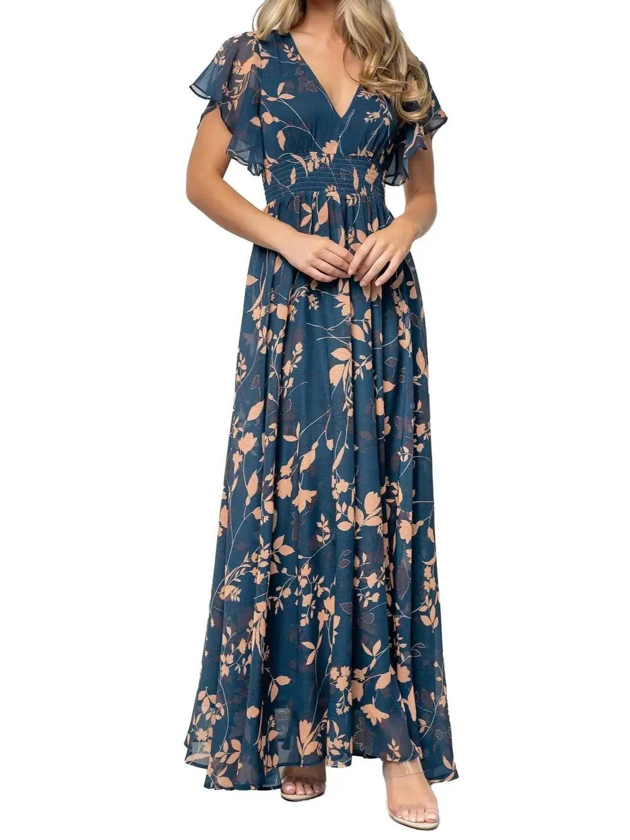 Women's Flowy V-Neck Print Dress with Elastic Waist