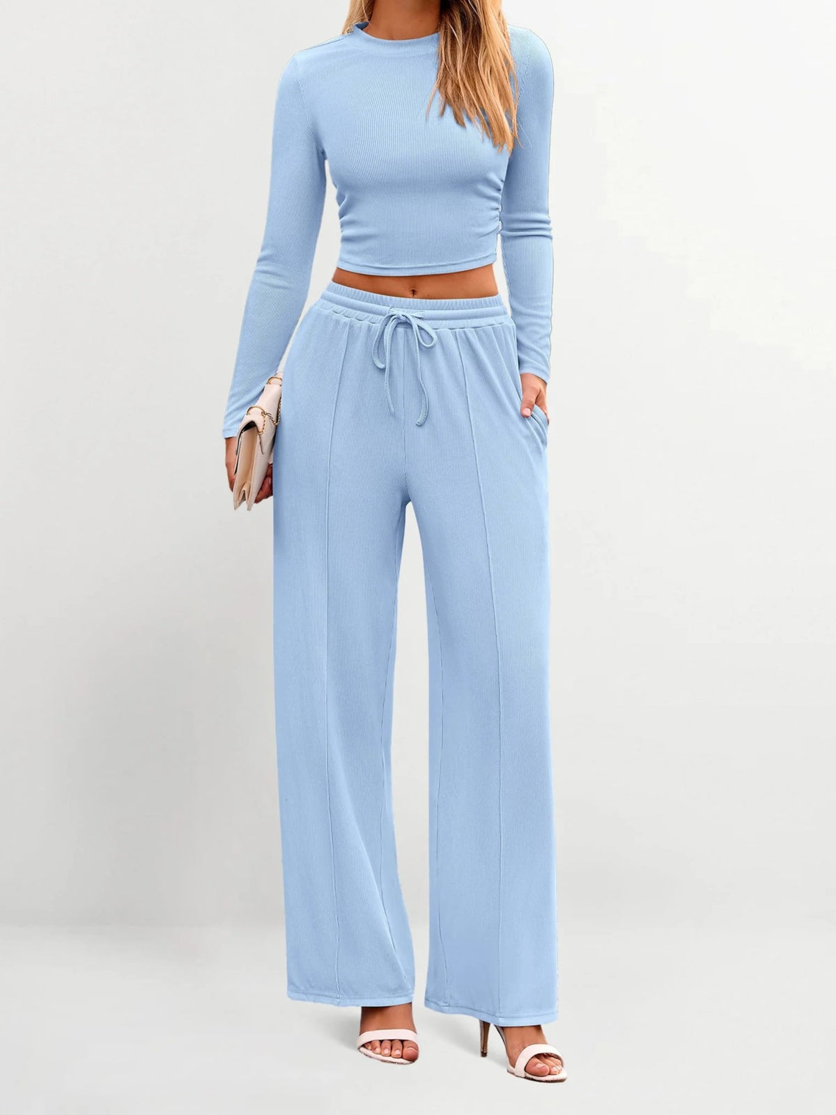 Women's Stretch Co-ord Set – Mock Neck Cropped Top & High Waist Wide Leg Pants