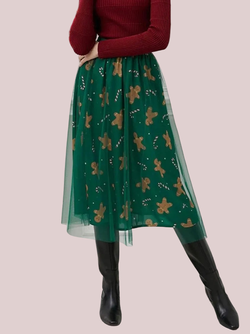 Women's Holiday Theme Print Midi Tulle Skirt
