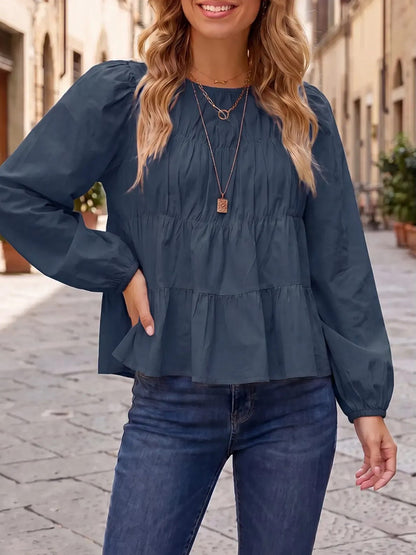 Women's Puff Long Sleeve Pleated Peplum Babydoll Blouse