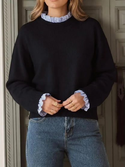 Women's Ruffle Striped Trim Crew Neck Fake Two Piece Sweater