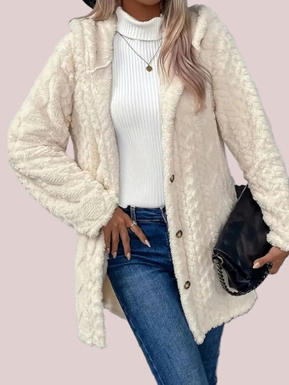 Women's Fuzzy Teddy Hooded Coat with Side Decor Buttons