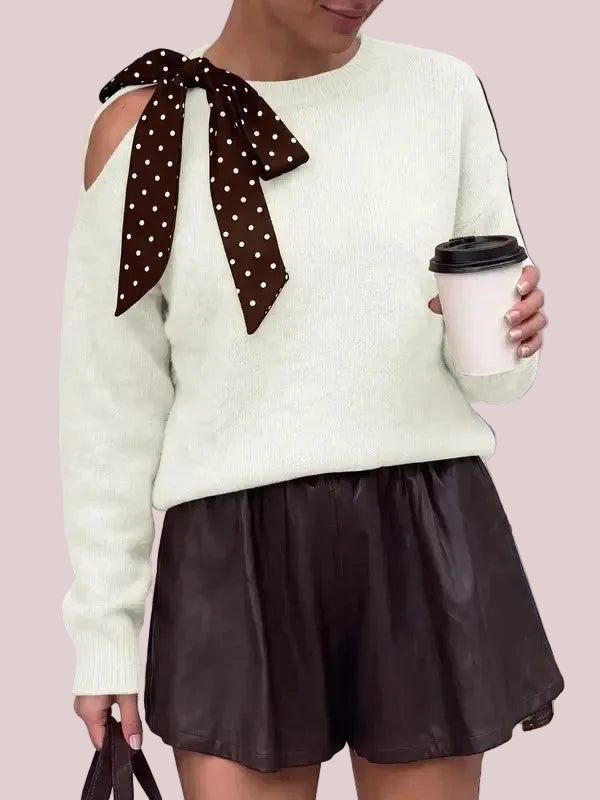 Women's Off Shoulder Polka Dot Bow Knit Sweater
