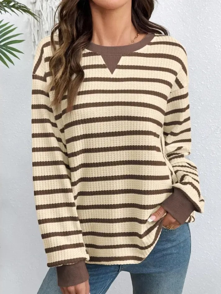 Women's Waffle Knit Striped Notch Neck Long Sleeve Top