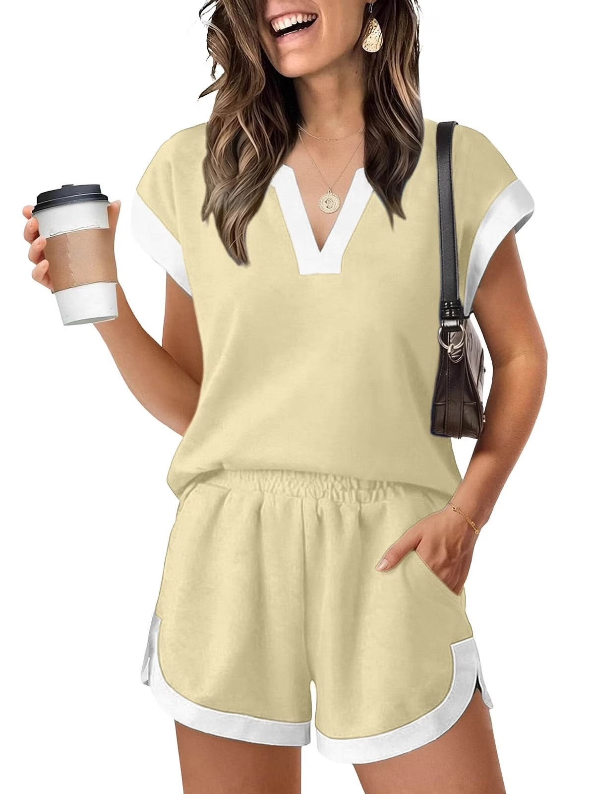 Women's Contrast V Neck Matching Short Set
