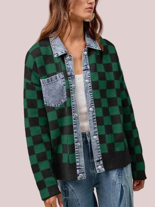 Women's Denim Collar Checkered Knit Jacket