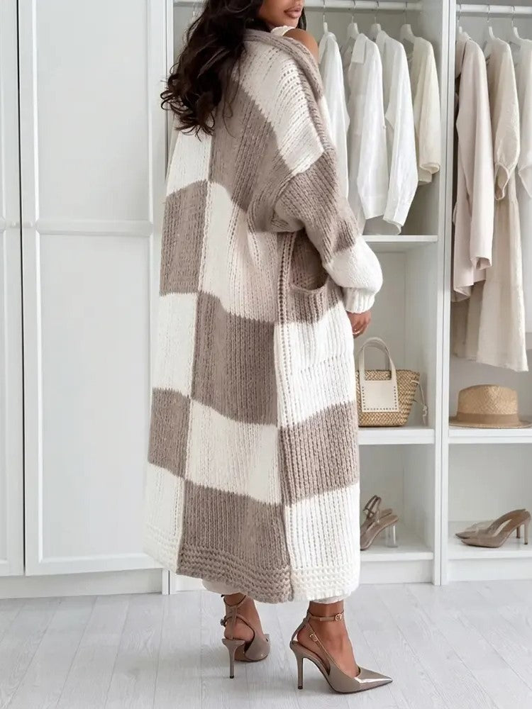 Women's Color Block Maxi Knit Cardigan With Pockets