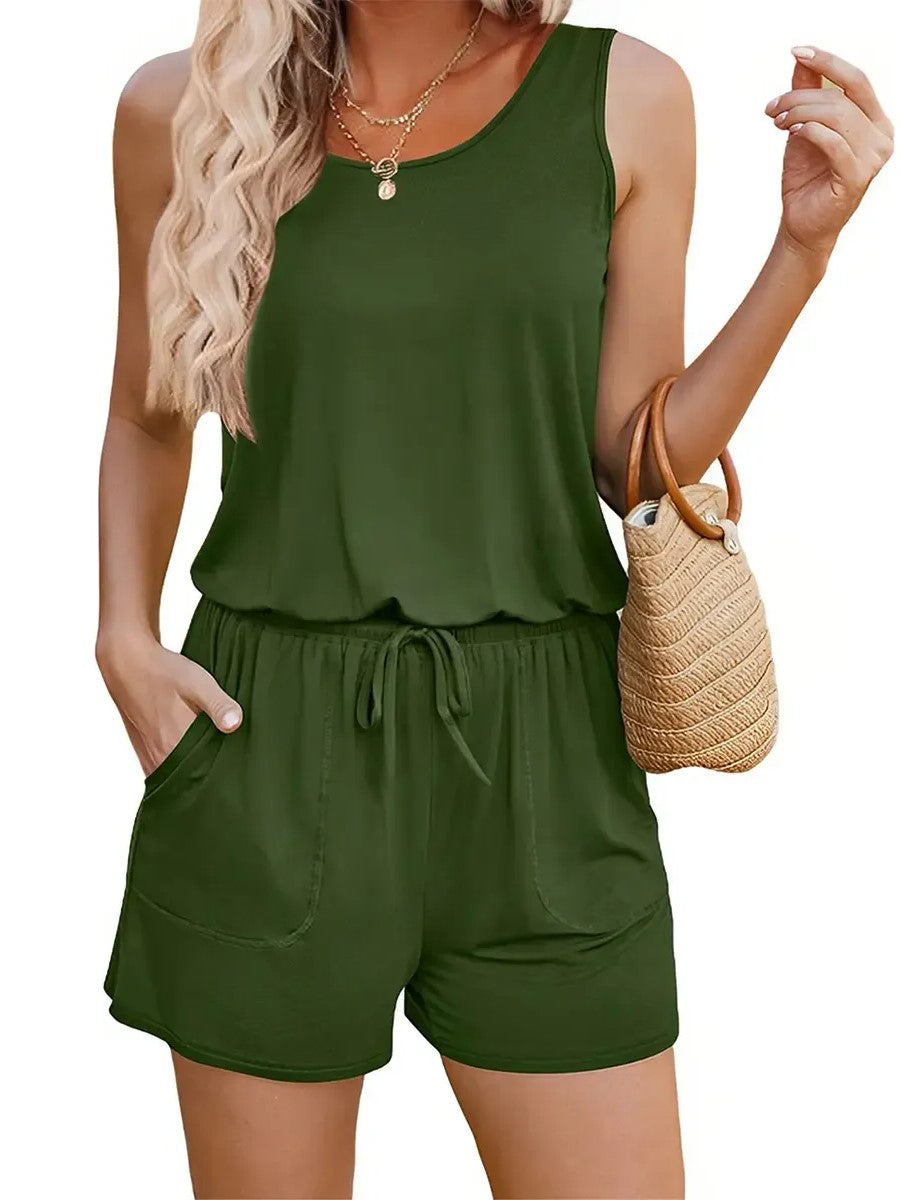 Women's Drawstring Waist Sleeveless Romper with Pockets