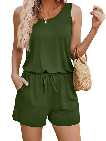 Women's Drawstring Waist Sleeveless Romper with Pockets
