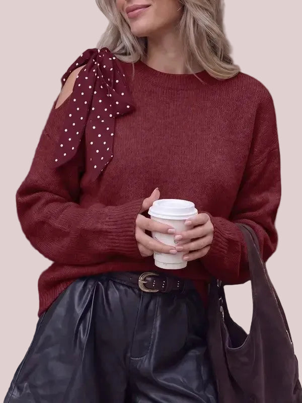 Women's Off Shoulder Polka Dot Bow Knit Sweater
