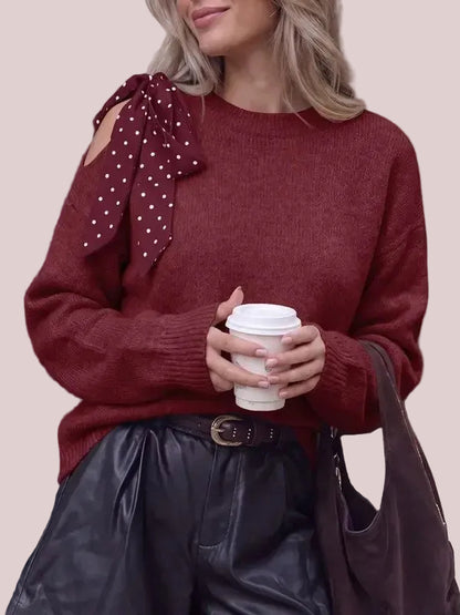 Women's Off Shoulder Polka Dot Bow Knit Sweater